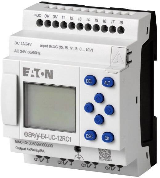 Modulo logico programmabile di Eaton, modello easyE4-UC-12RC1, mostra i tasti di controllo e i connettori per ingressi AC/DC.