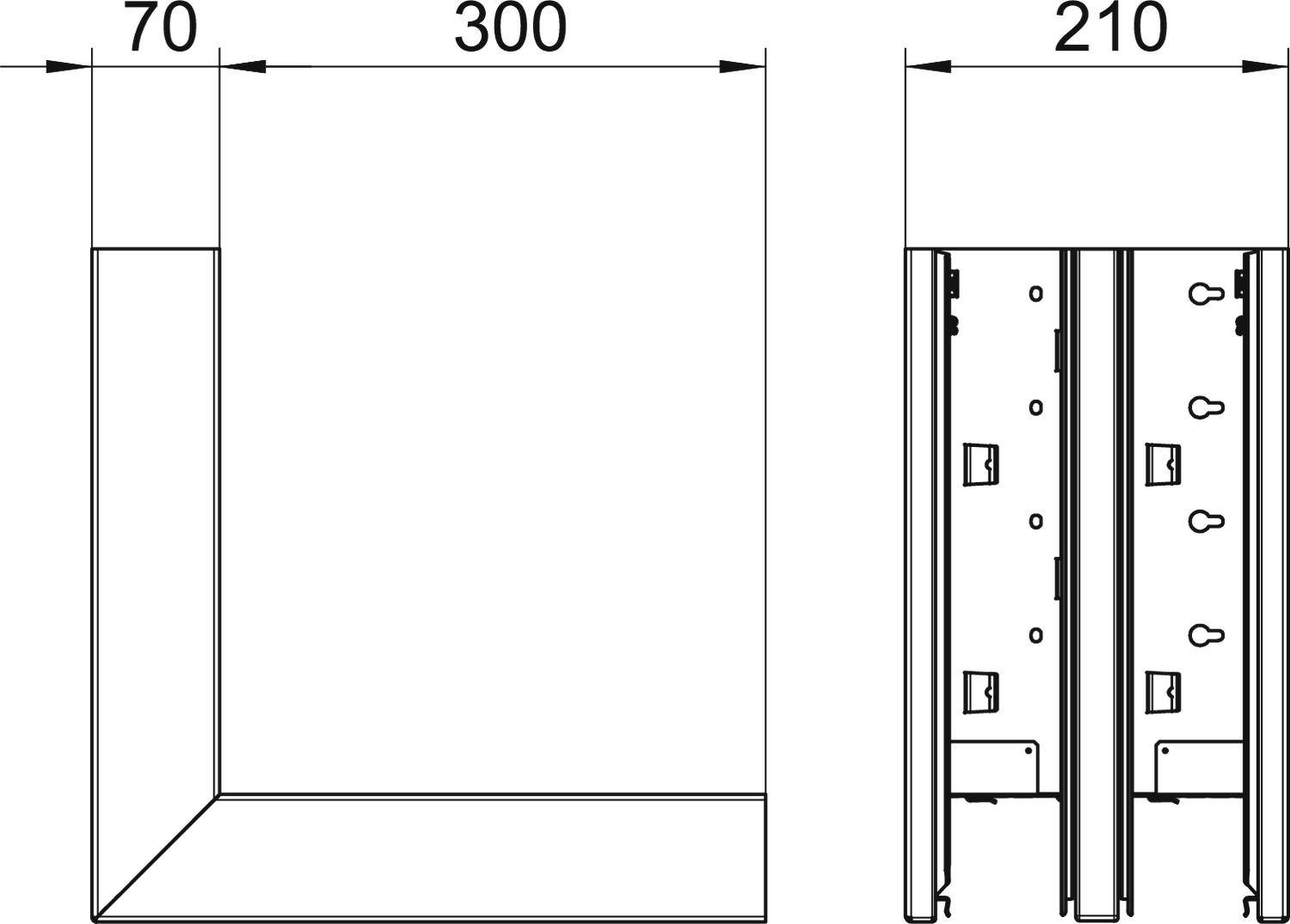 Disegno tecnico di un profilo L con dimensioni: altezza 70 mm, larghezza 300 mm, profondità 210 mm. Vista frontale e laterale visibili.