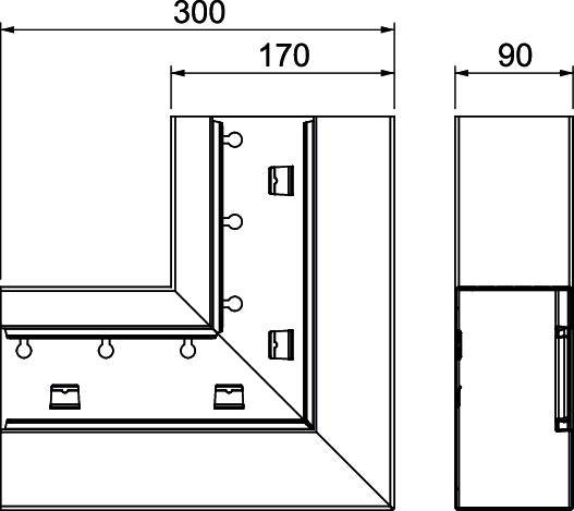 Disegno tecnico di un mobile a forma di L, quote in millimetri: 300, 170 e 90. Mostra cassetti e prese elettriche.