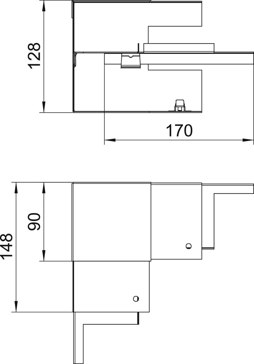 Disegno tecnico che mostra due viste di un componente con dimensioni: in alto 128 x 170 mm, in basso 148 x 90 mm.