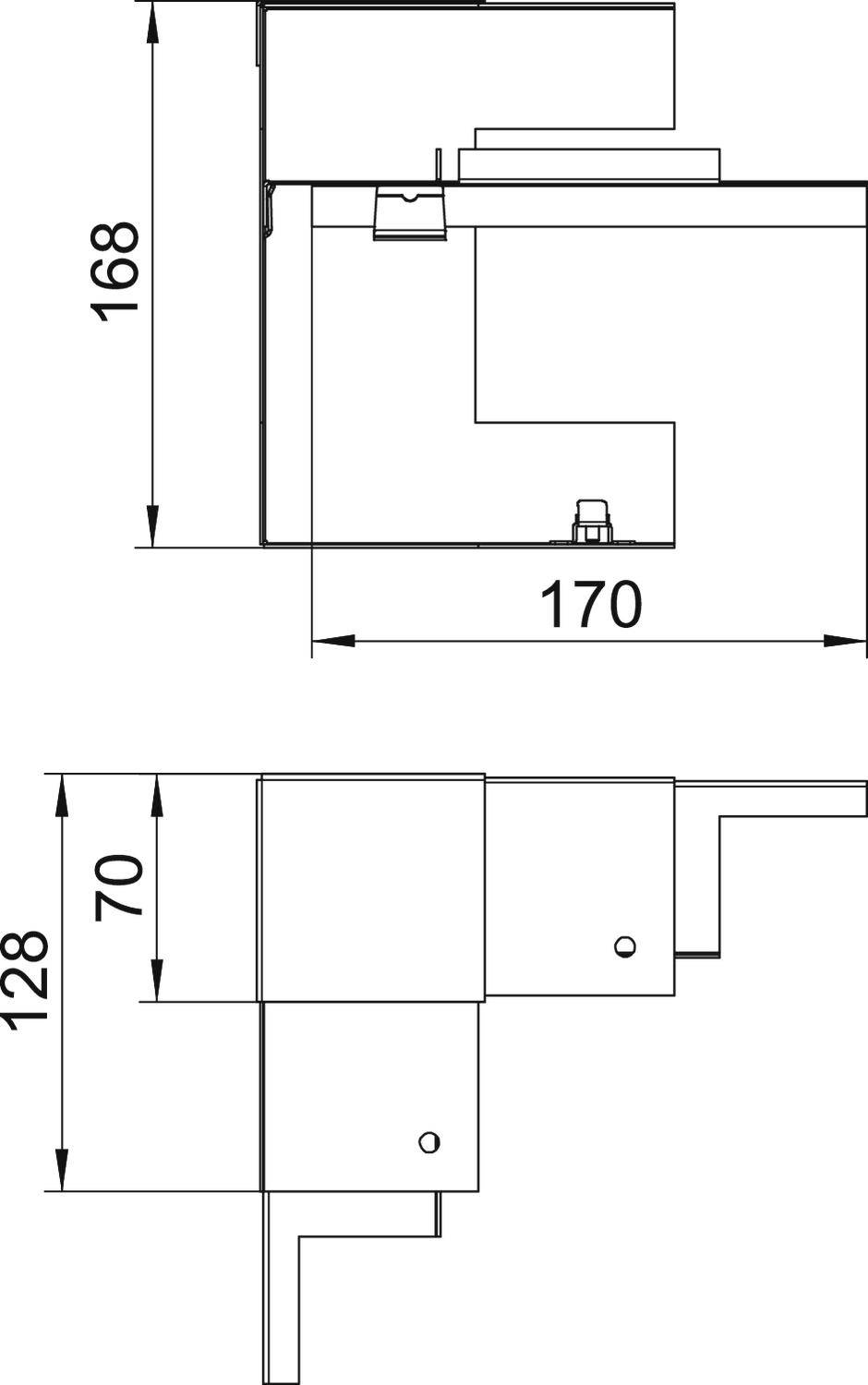 Disegno tecnico di una sezione trasversale, che mostra le misure di 168 e 170 in alto, 128 e 70 in basso.