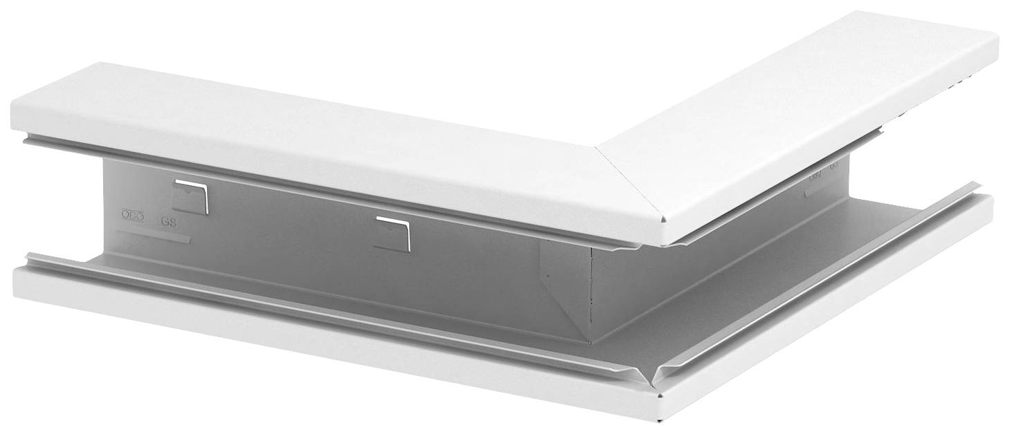 Un connettore angolare bianco a L in metallo, utilizzato per collegare due canali di ventilazione rettangolari.