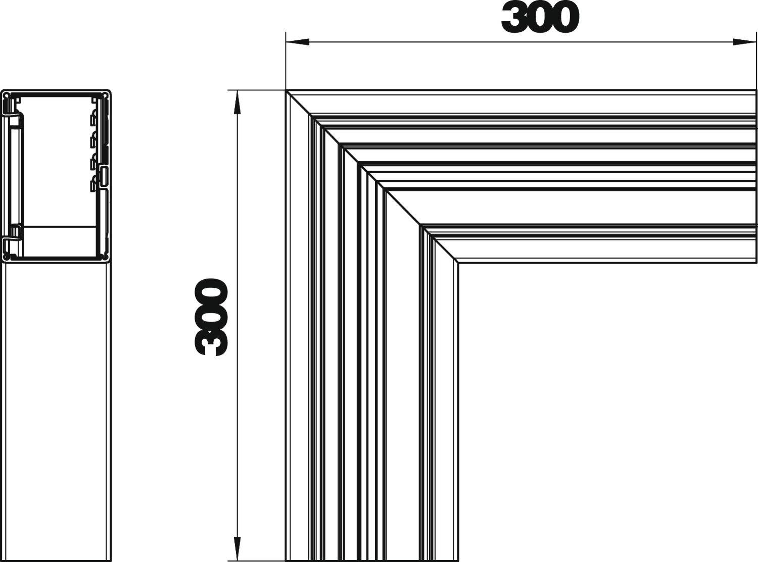 Disegno di un angolo di cornice per immagini in bianco e nero, delle dimensioni di 300x300 mm. A sinistra è visibile una vista laterale del profilo della cornice.