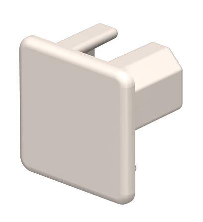 Un pezzo quadrato bianco in plastica con una superficie anteriore piatta e due perni che sporgono posteriormente, probabilmente un connettore per mobili.