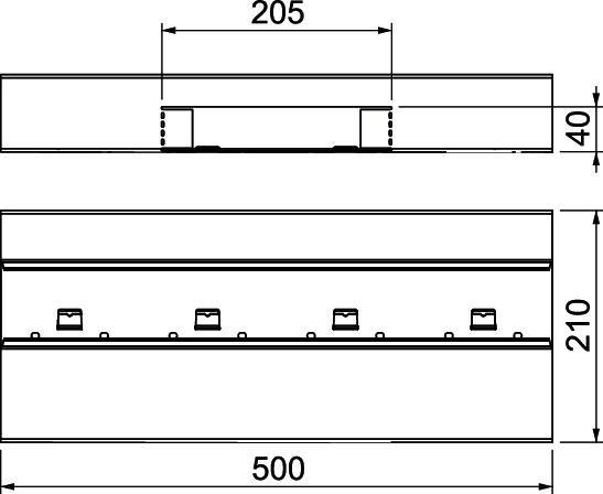 Disegno tecnico di una costruzione rettangolare. Misure: 500 lunghezza x 210 larghezza. Altezza laterale: 40. In alto: 205.
