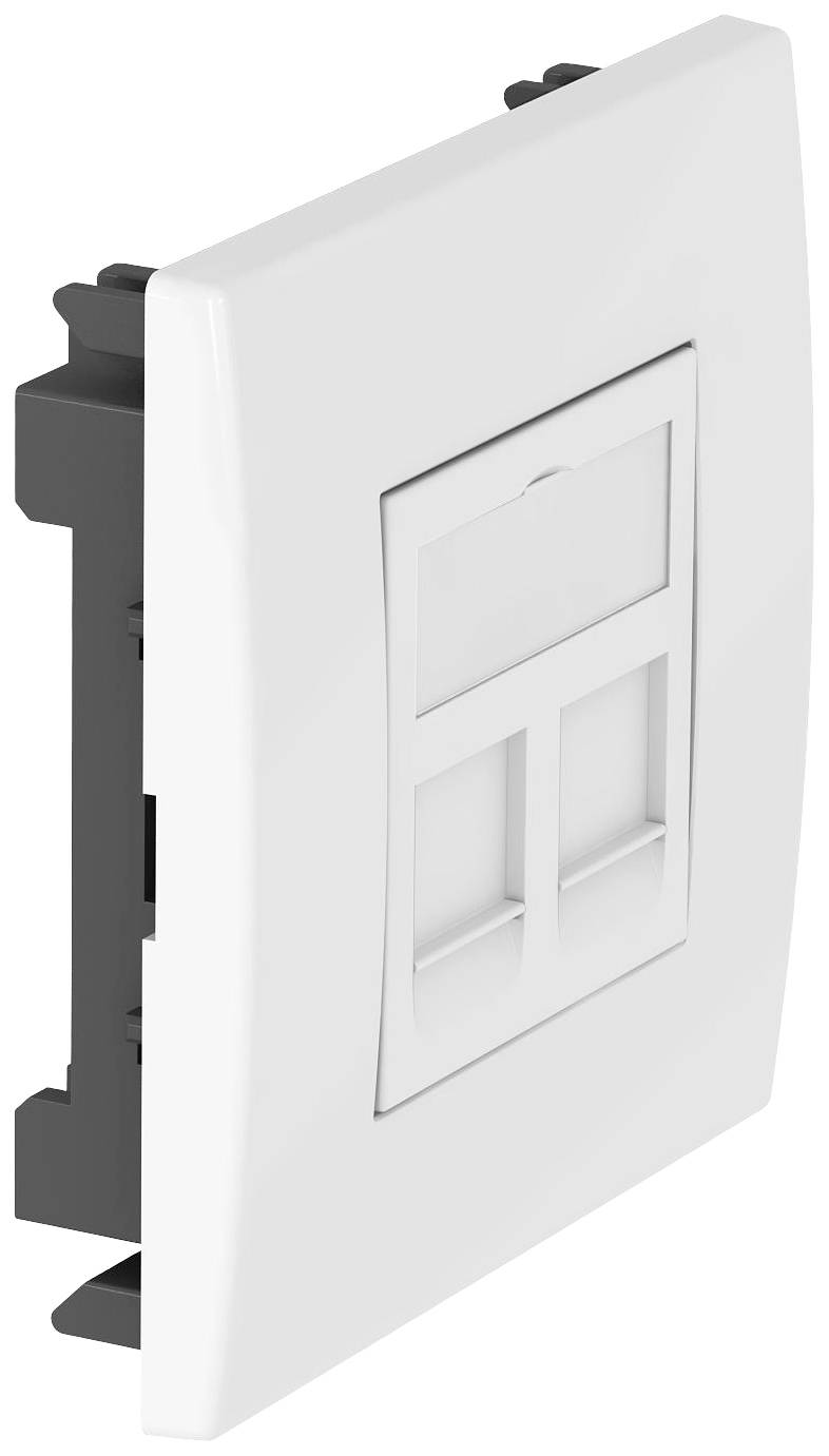 Spina di rete bianca, idonea al montaggio a parete, con due porte Ethernet, vista laterale. Adatta per reti di uffici o domestiche.