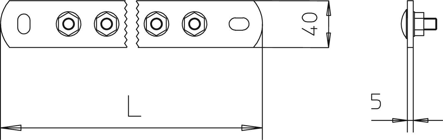 Disegno tecnico di un profilo metallico con tre fori per bulloni lungo la lunghezza L e larghezza 40. La vista laterale mostra uno spessore di 5.