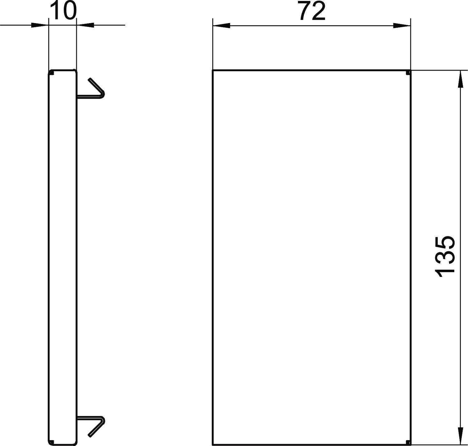 Disegno tecnico di un oggetto rettangolare con dimensioni: larghezza 72 mm, altezza 135 mm, profondità 10 mm, vista dall'alto e vista laterale.