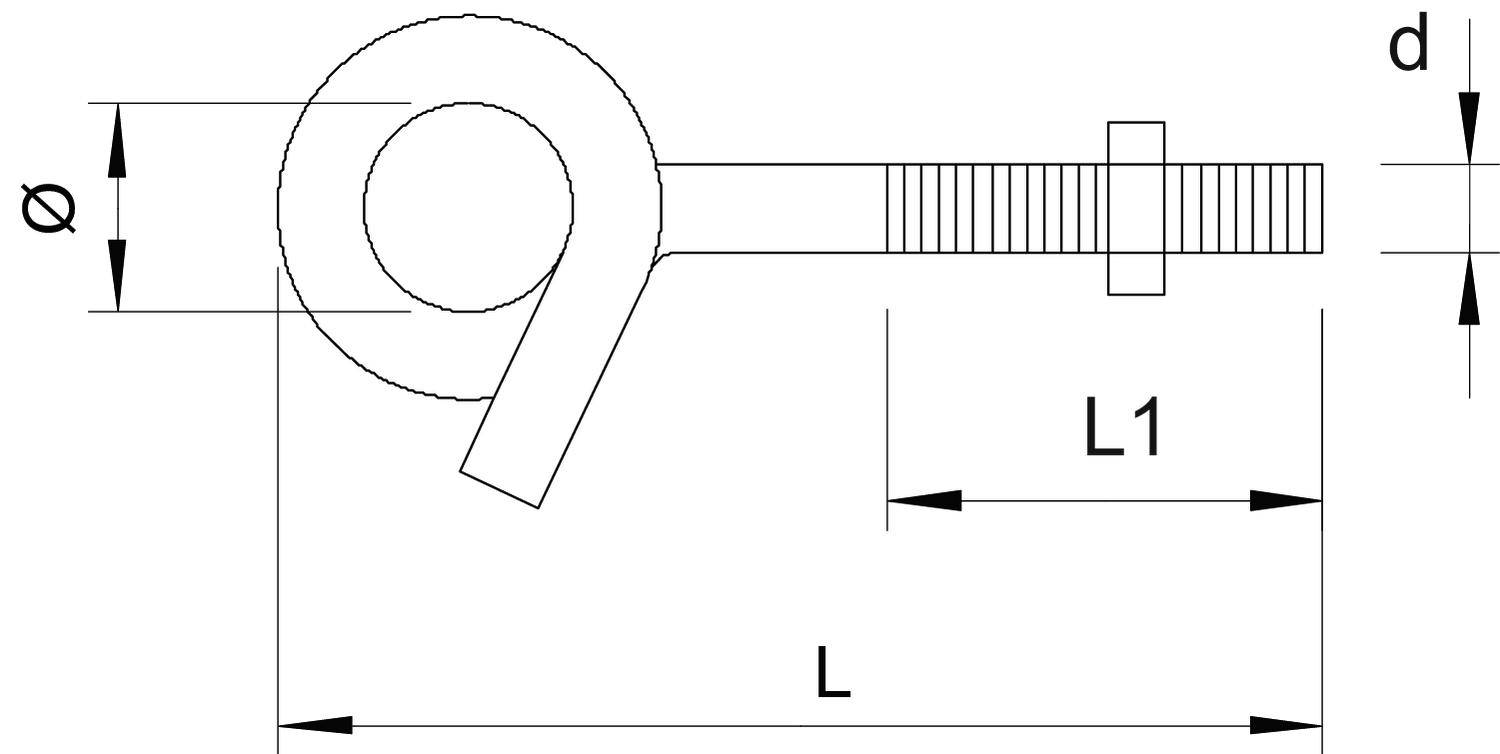 Disegno tecnico di un gancio ad anello con etichette: lunghezza totale 'L', lunghezza del gambo 'L1', diametro dell'anello 'Ø' e del gambo 'd'.