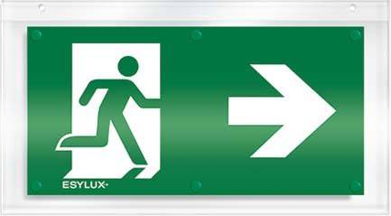 Cartello di uscita di emergenza verde con pittogramma di una sagoma stilizzata che corre verso destra, con freccia direzionale in primo piano.