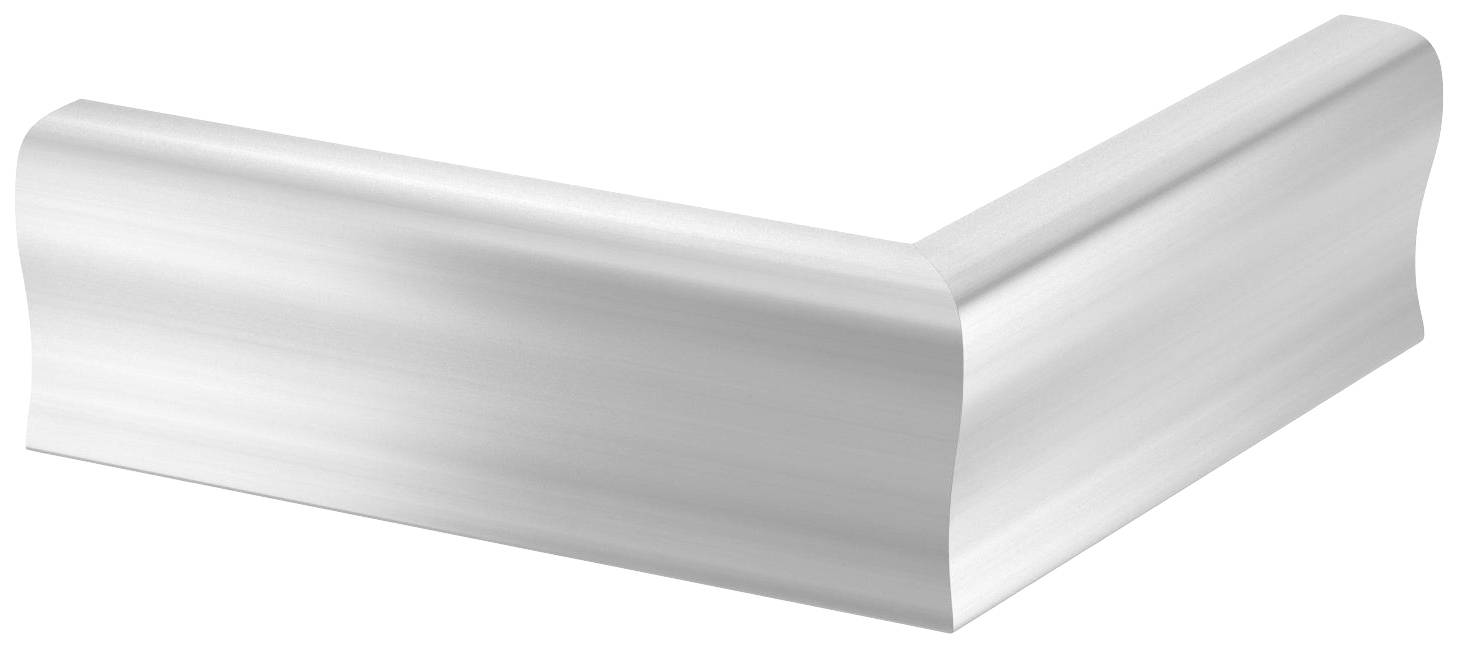 Un pezzo di metallo argentato a forma di L, con bordi arrotondati, probabilmente un componente strutturale o un elemento decorativo.