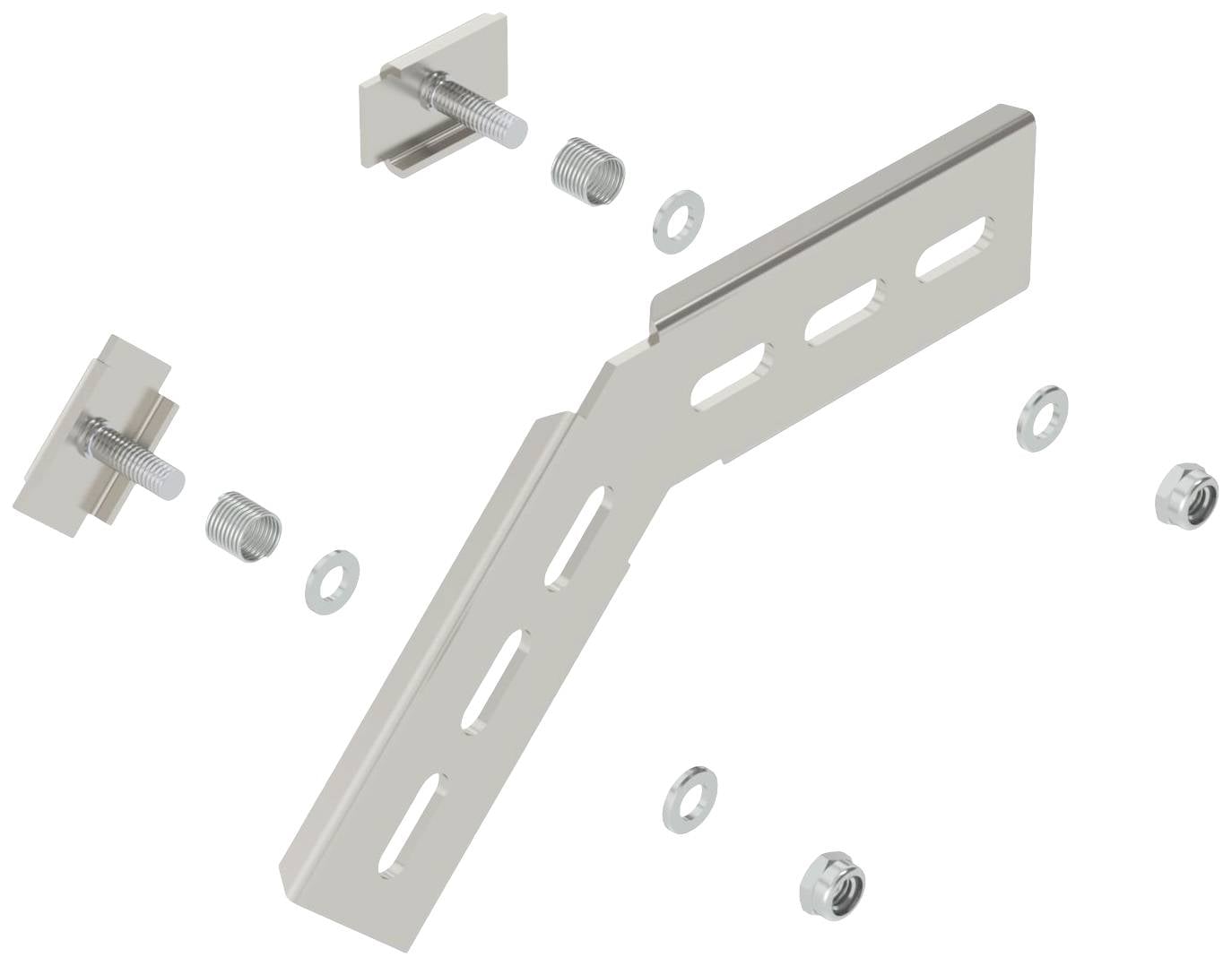 Angolo metallico con viti e dadi, per scopi di montaggio, mostra i componenti di connessione sfusi per progetti fai-da-te.
