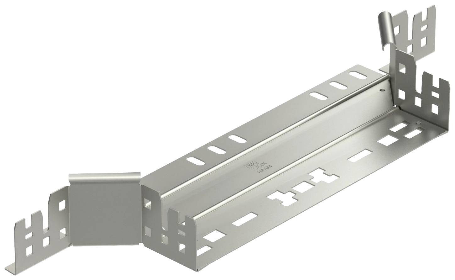 Supporto metallico per cavi con fessure rettangolari. Viene utilizzato per fissare i cavi a pareti o soffitti in progetti edilizi.