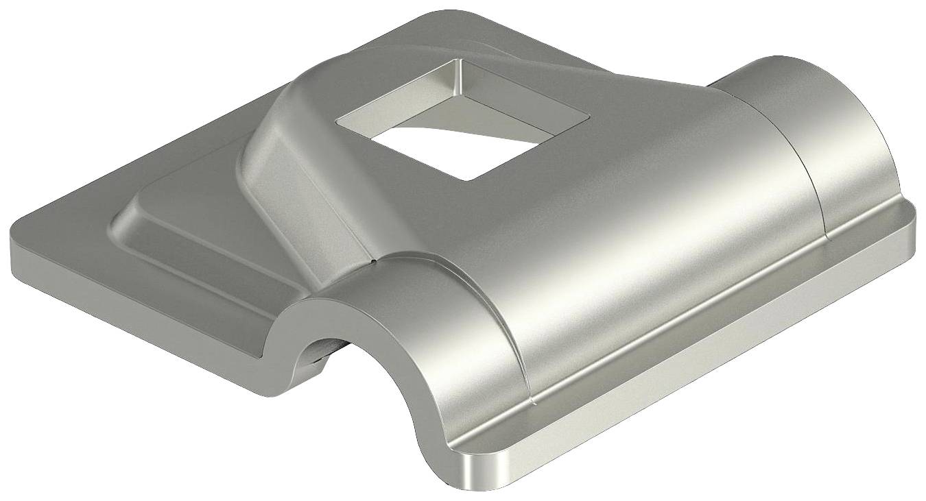 Un componente metallico con base angolare e un'apertura quadrata al centro, idoneo per connessioni meccaniche.