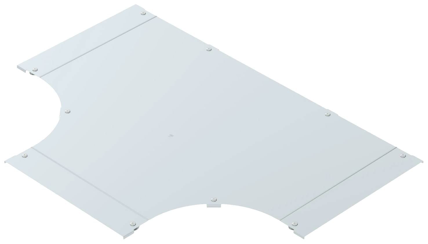 Un foglio di metallo bianco, rettangolare, con bordi arrotondati e viti agli angoli.