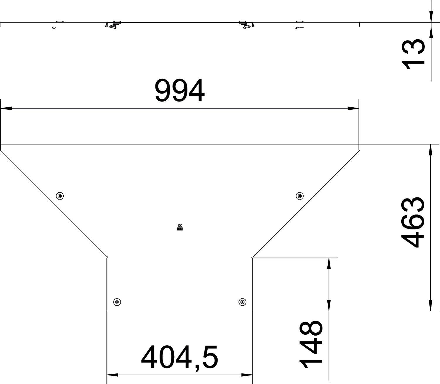 Disegno tecnico di una piastra rettangolare con le seguenti dimensioni: larghezza 994 mm, altezza 463 mm, braccio 404,5 mm, spessore 13 mm.