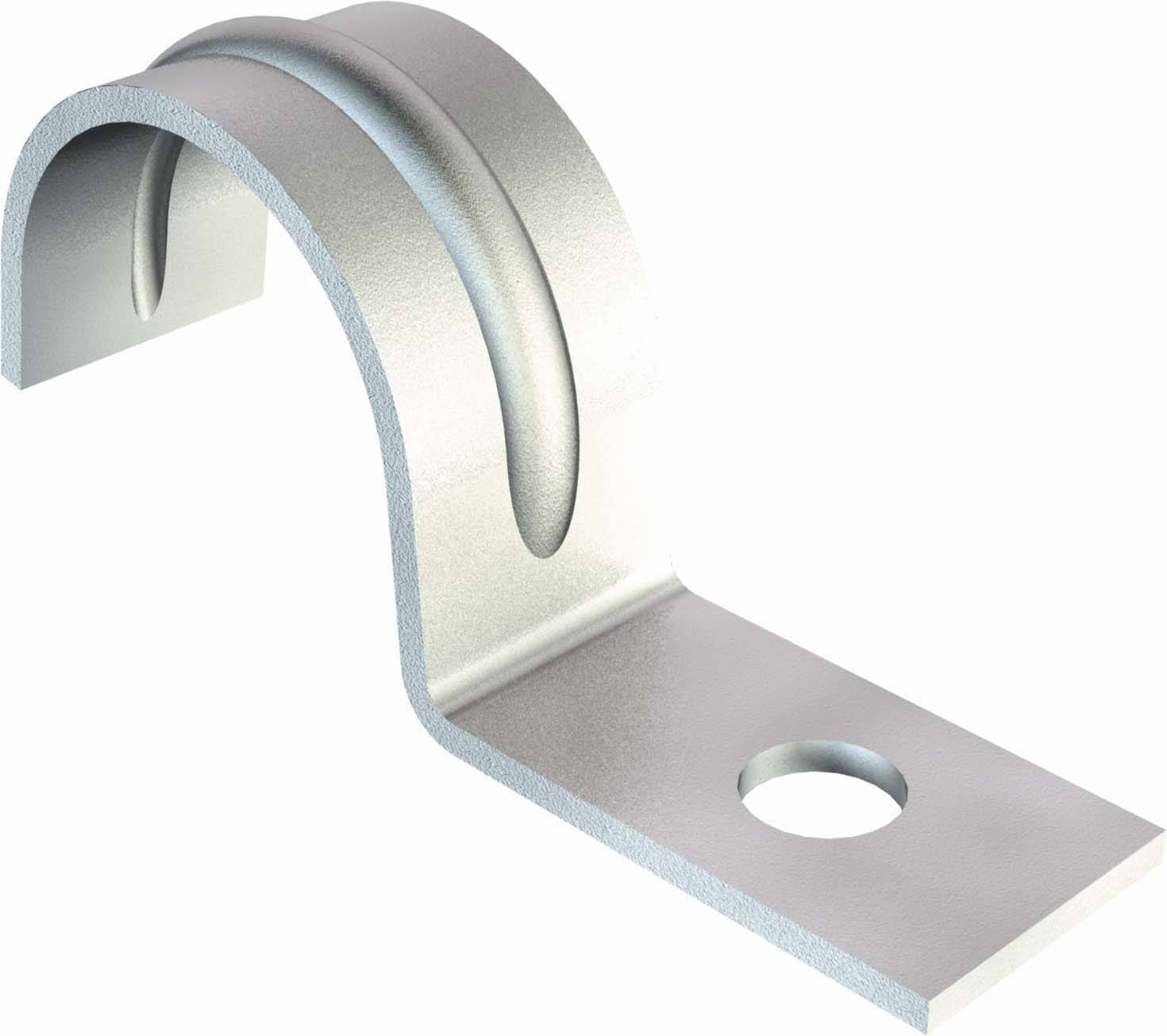 Squadretta di montaggio in metallo con design curvato e foro per fissaggio a vite, utilizzata per il fissaggio di tubi o cavi su superfici.