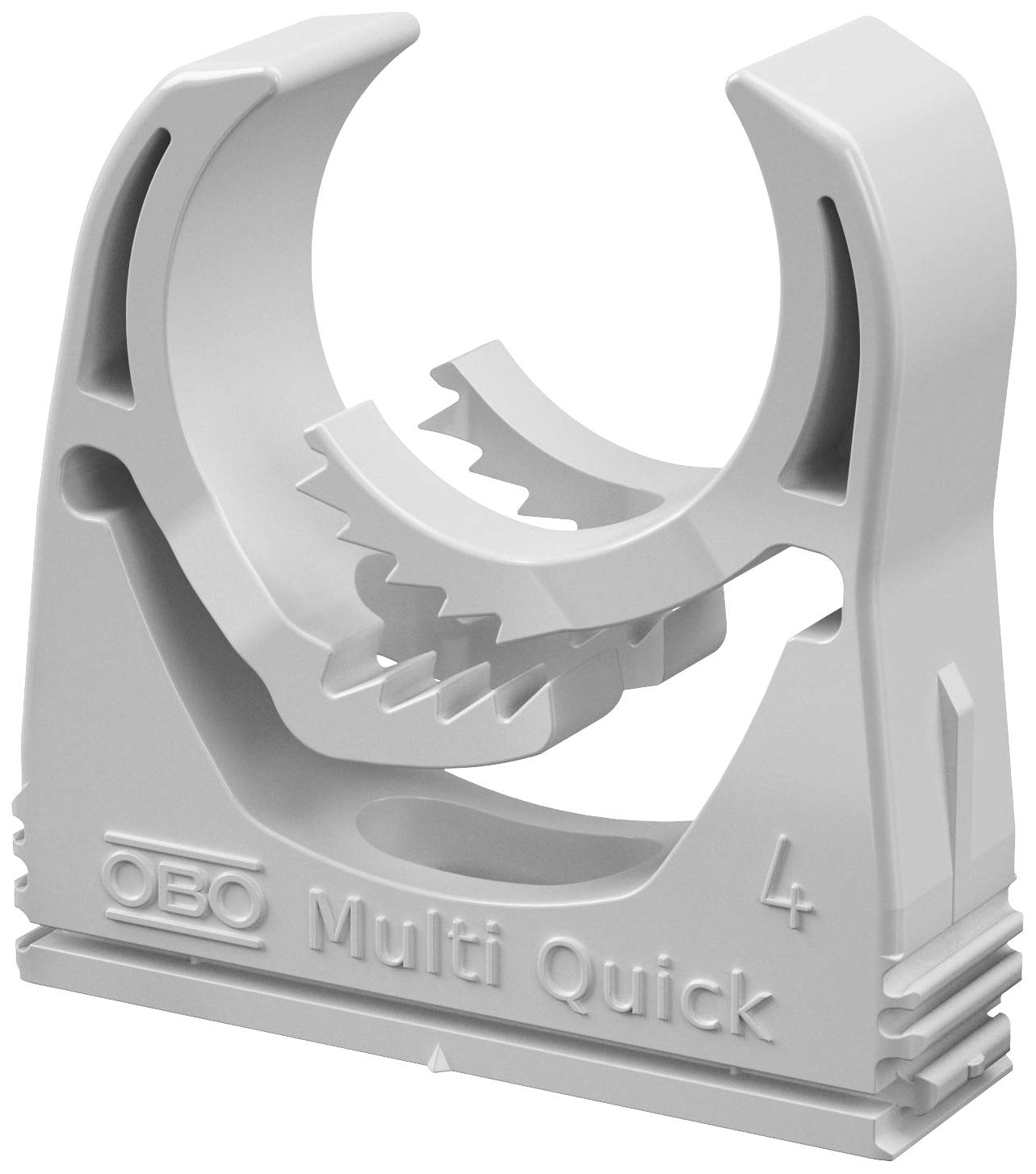 Supporto per cavi in plastica grigia con area interna zigrinata. Contrassegnato con 'OBO Multi Quick'.