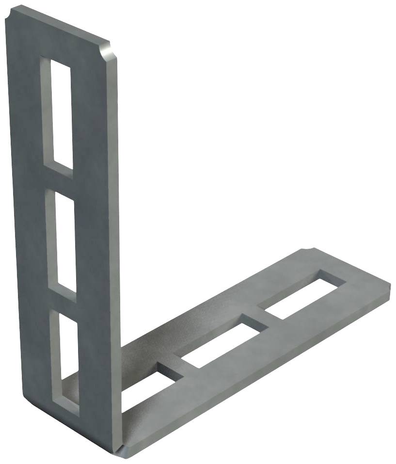 Profilo ad angolo in acciaio con tagli rettangolari, piegato a forma di L. Utilizzato per la stabilizzazione o il collegamento in strutture.
