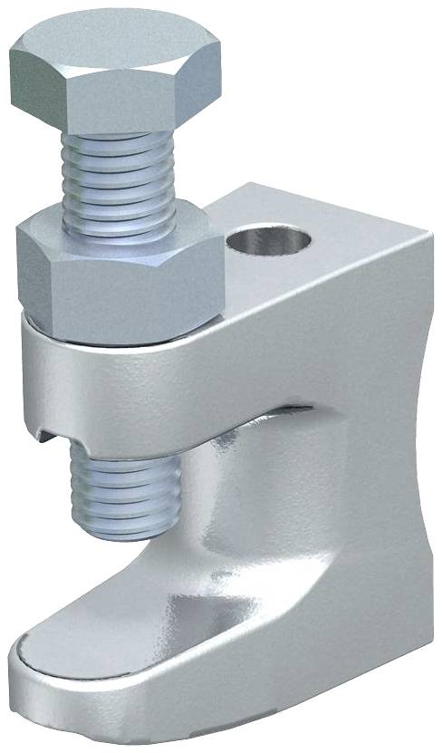 Morsetto metallico con vite e dado, utilizzato per fissare oggetti su superfici solide.