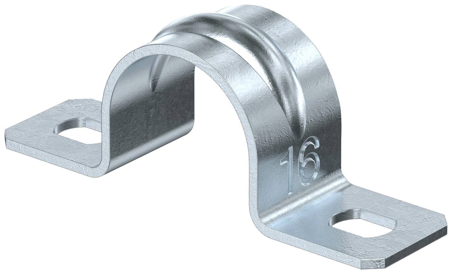 Staffa per tubi metallica con marcatura numerica '16', arrotondata, con due fori di fissaggio alle estremità, per il montaggio di tubi.