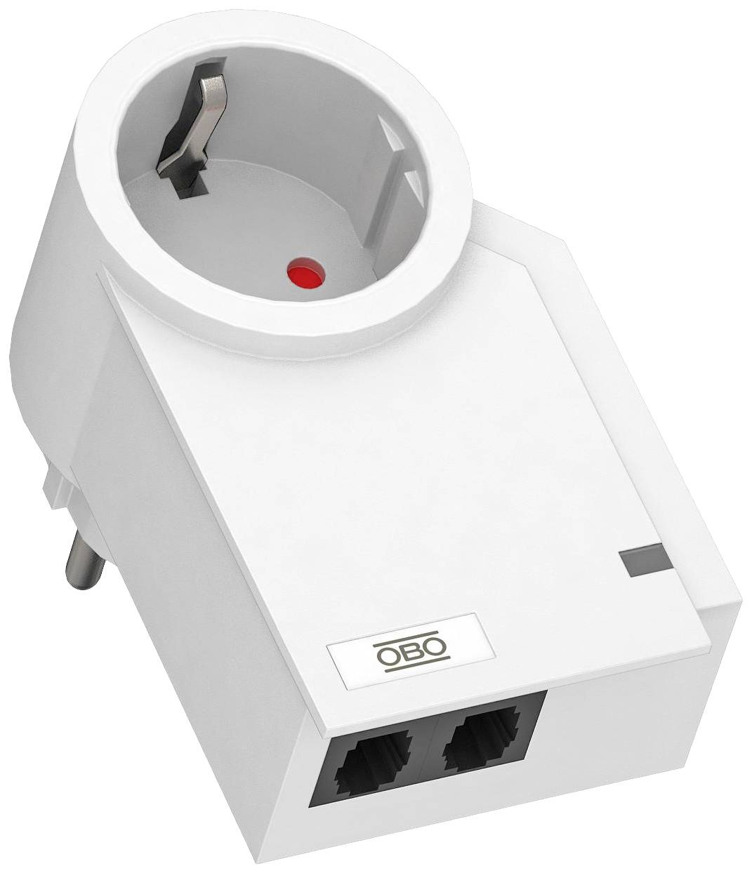 Un adattatore bianco con una presa elettrica e due porte Ethernet, idoneo per il collegamento di dispositivi elettrici e cavi di rete.