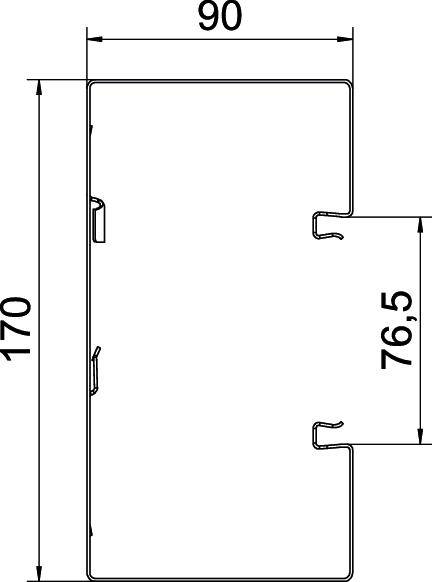 'Vista laterale di un oggetto rettangolare con dimensioni totali 90x170 mm; sezione di 76,5 mm evidenziata; disegno tecnico.'