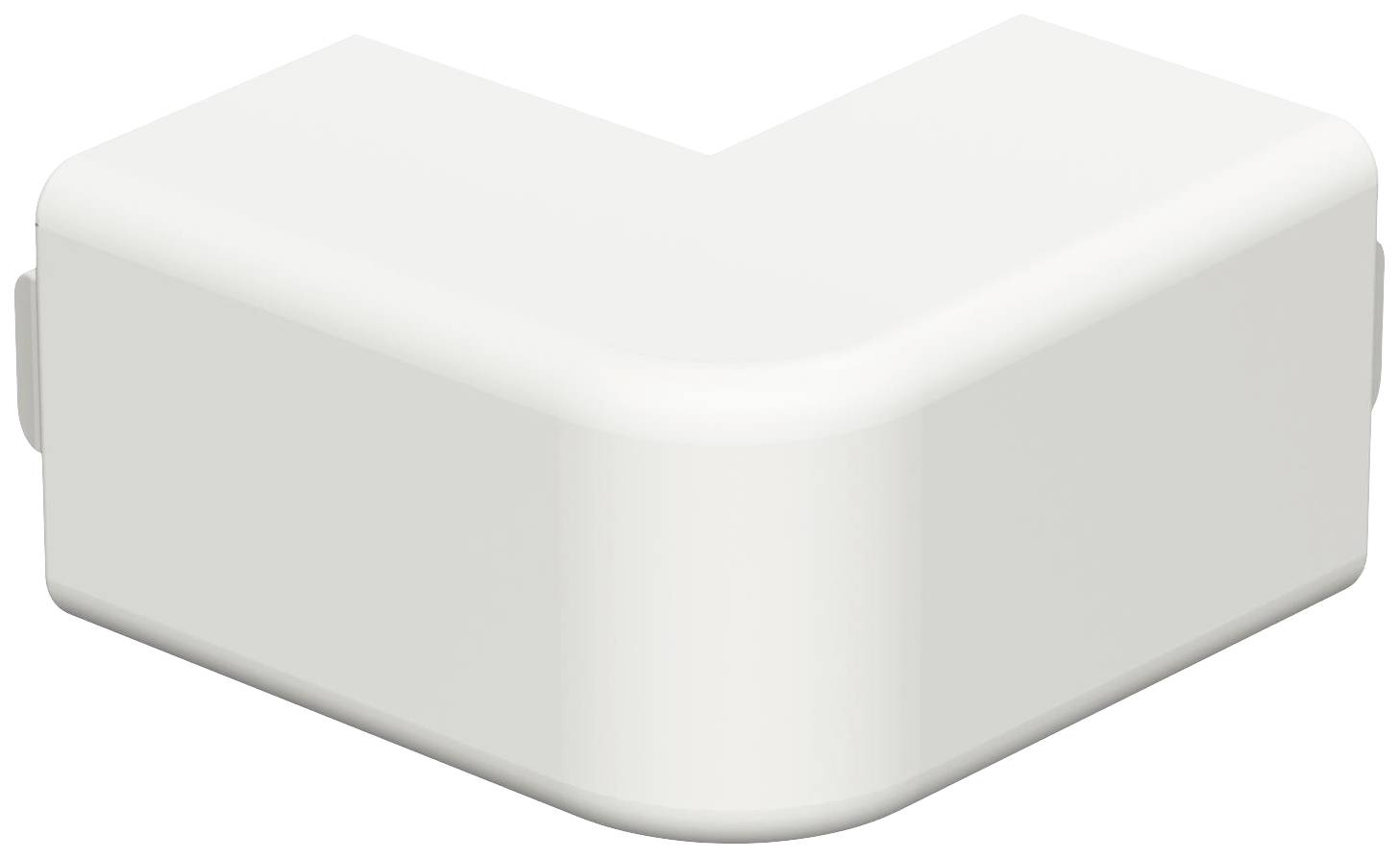 Un pezzo di plastica bianco a forma di angolo, probabilmente utilizzato come raccordo di collegamento per cavi o tubi.