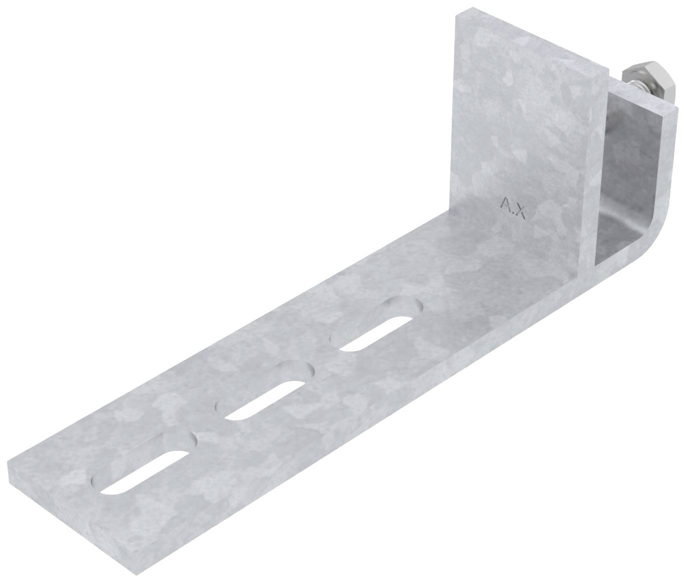 Angolare metallico con tre fori allungati, sezione curva a angolo retto. Utilizzato per il fissaggio in progetti di costruzione.