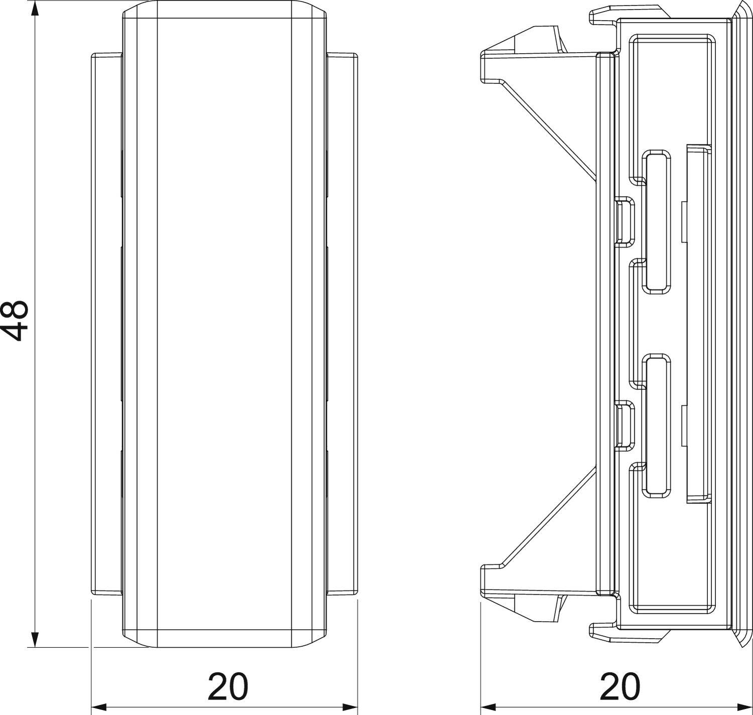 Disegno tecnico di un componente rettangolare con dimensioni: altezza 48 mm, larghezza 20 mm, profondità 20 mm. Vista laterale e vista frontale.