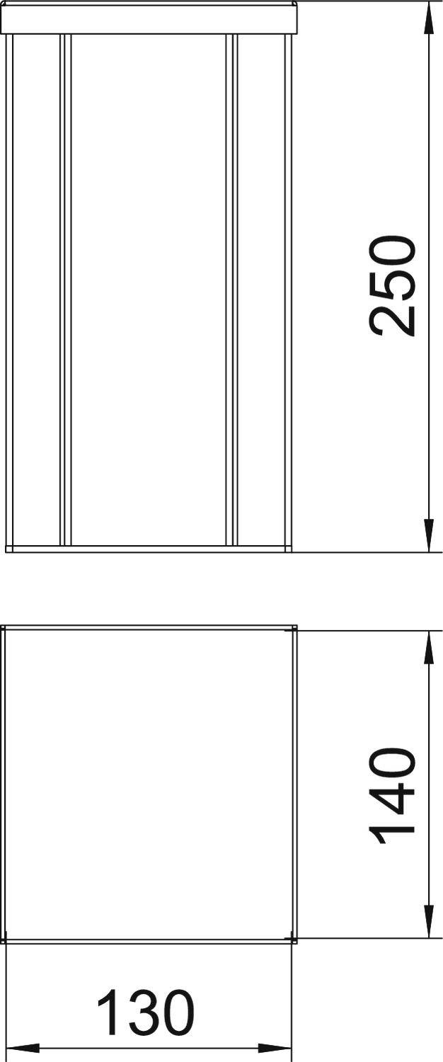 Disegno tecnico di un ambiente rettangolare, altezza 250 cm, larghezza 130 cm, profondità 140 cm. Mostra le dimensioni e l'andamento delle linee.