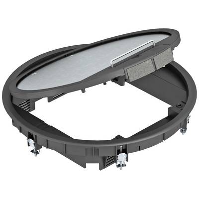 Una scatola di giunzione rotonda, aperta, con diversi clip di fissaggio e coperchio visibile.