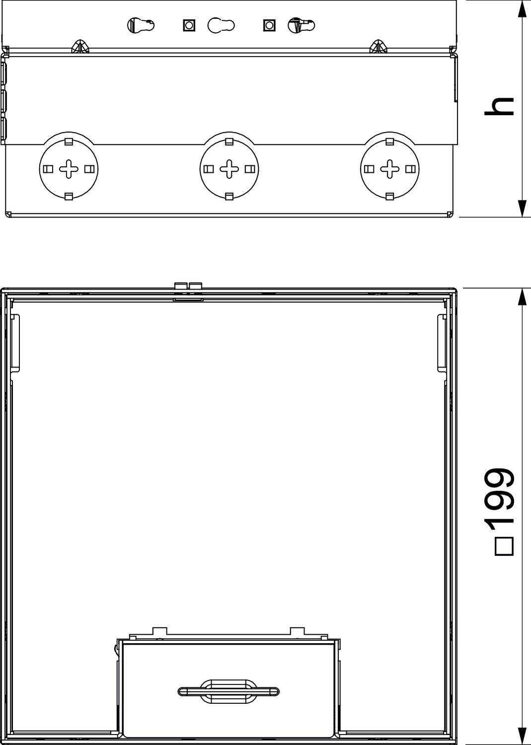 Disegno tecnico di un quadro elettrico di distribuzione con tre prese rotonde e dimensioni. L'altezza è contrassegnata con 'h'.