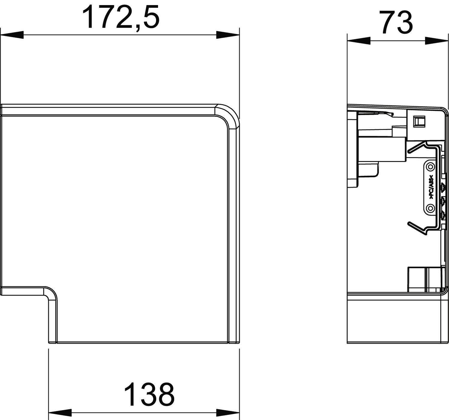 Disegno tecnico di un involucro con dimensioni 172,5 mm x 73 mm x 138 mm, che mostra le viste dall'alto e laterale con indicazioni.
