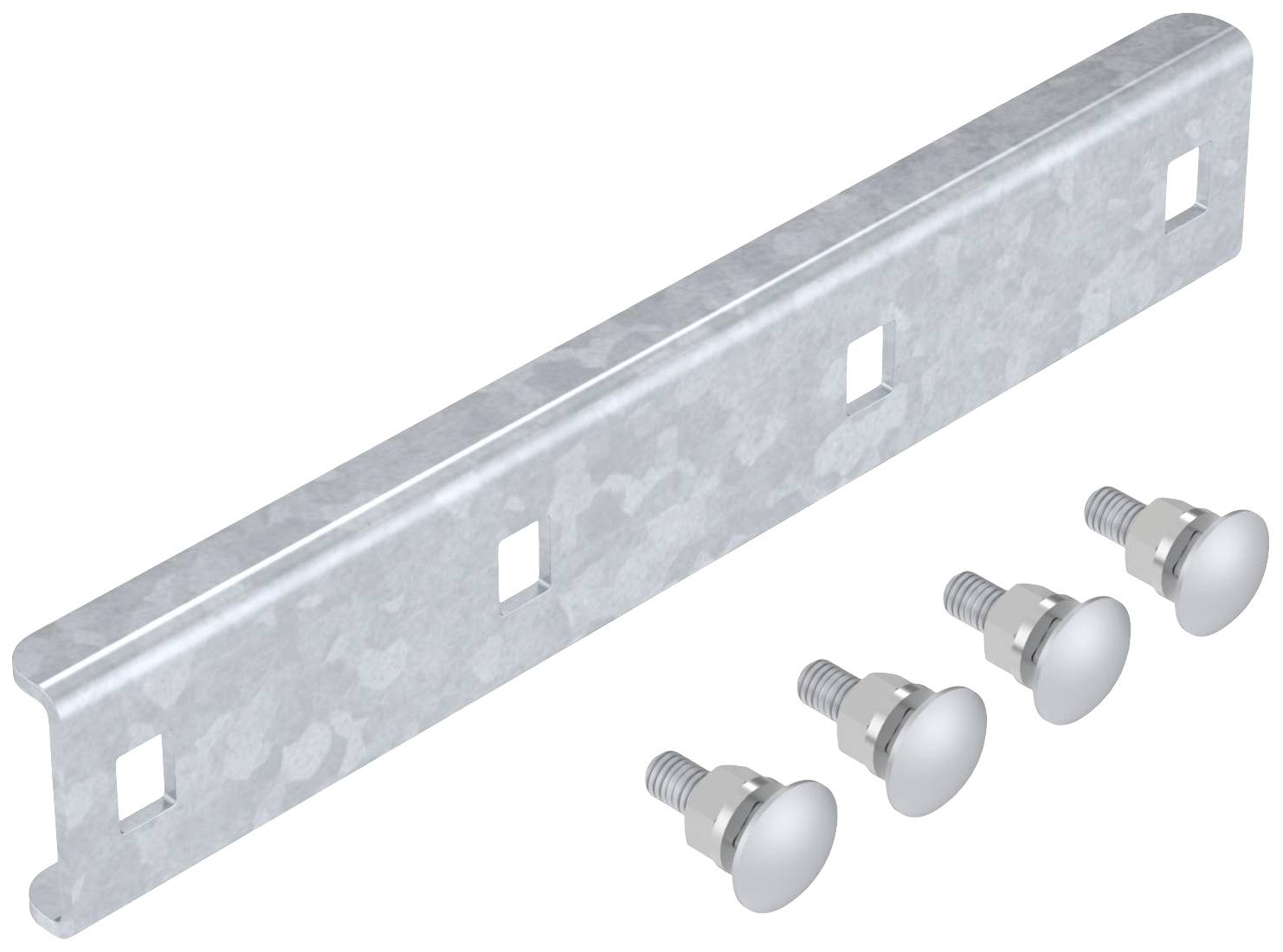 Guida di montaggio metallica con quattro viti, forma rettangolare, fori quadrati per l'installazione, colore argento.