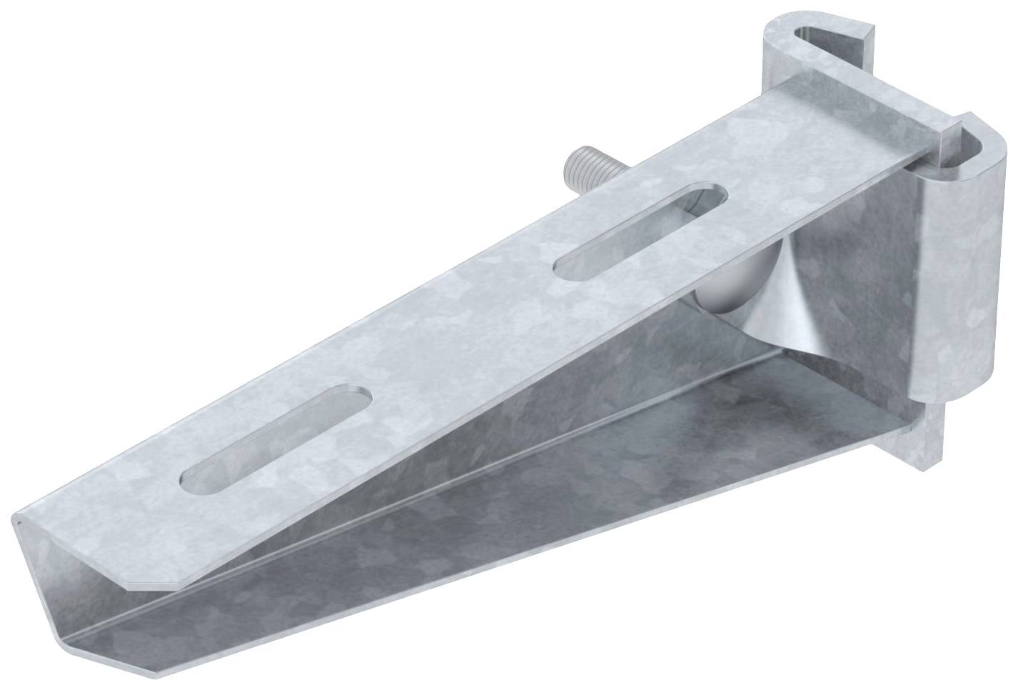 Supporto metallico con leva inclinata e forata, ideale per sostenere carichi pesanti. Include vite di fissaggio.