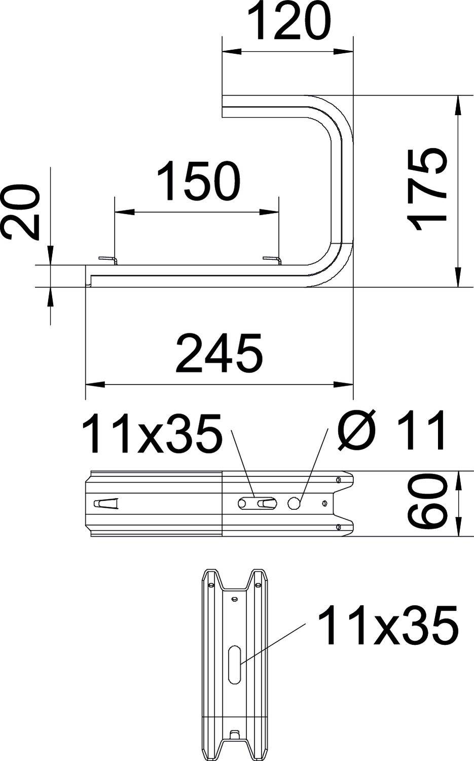 Disegno tecnico di un supporto metallico a forma di U: dimensioni 120x175 mm, larghezza 150 mm, lunghezza totale 245 mm. Fori: 11 mm, fori allungati: 11x35 mm.