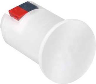 Un contenitore cilindrico bianco in plastica con un tappo rosso e blu alle estremità. Serve per conservare liquidi.