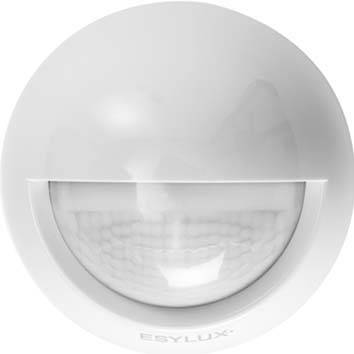 Un rilevatore di movimento circolare bianco di ESYLUX con area sensore bombata. Ideale per rilevare movimenti in ambienti interni.