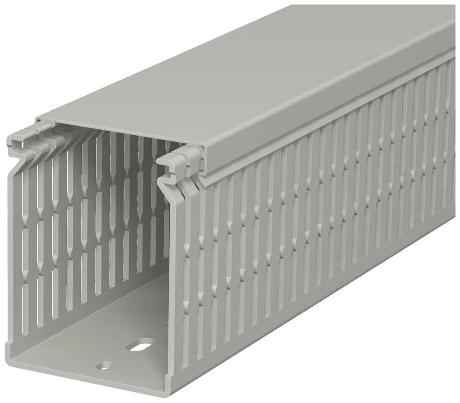 Un canale portacavi grigio con coperchio removibile, rettangolare, dotato di fessure di ventilazione laterali. Adatto all'organizzazione dei cavi.