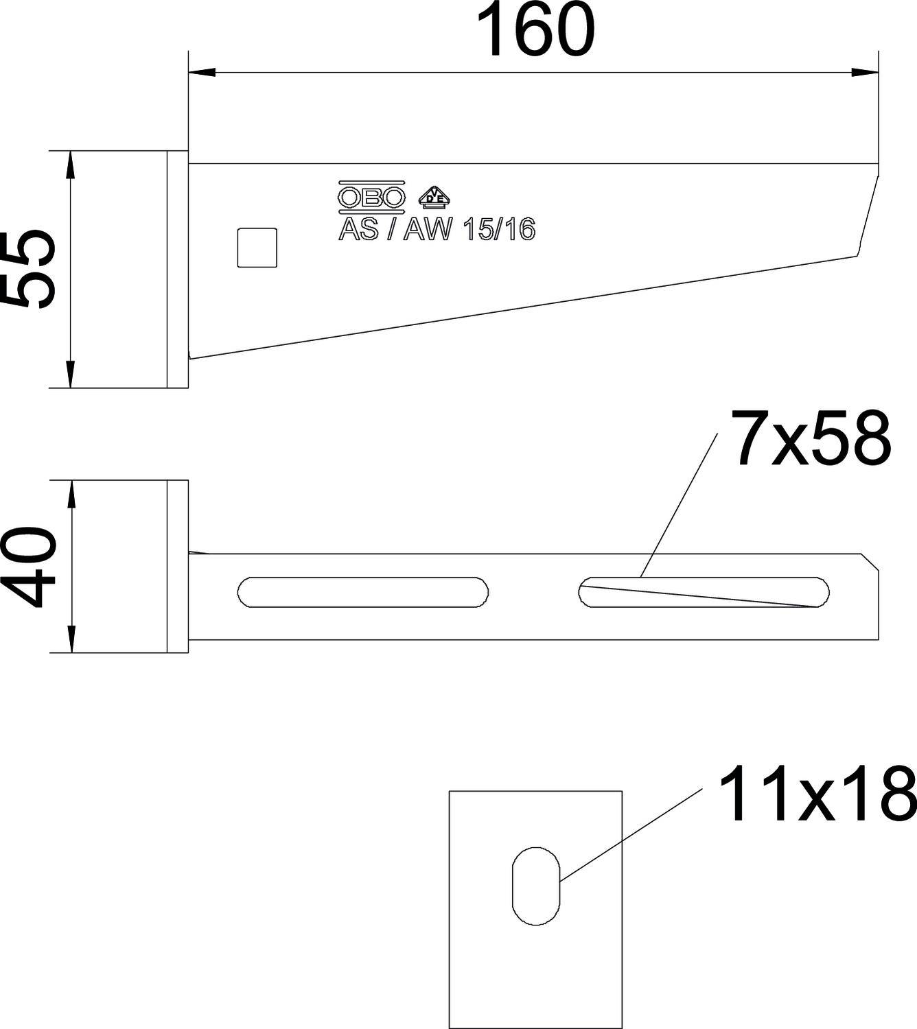 Disegno tecnico di un supporto a parete con dimensioni: Lunghezza 160 mm, Altezza 55 mm, Larghezza 40 mm. Fori: 7x58 mm e 11x18 mm.