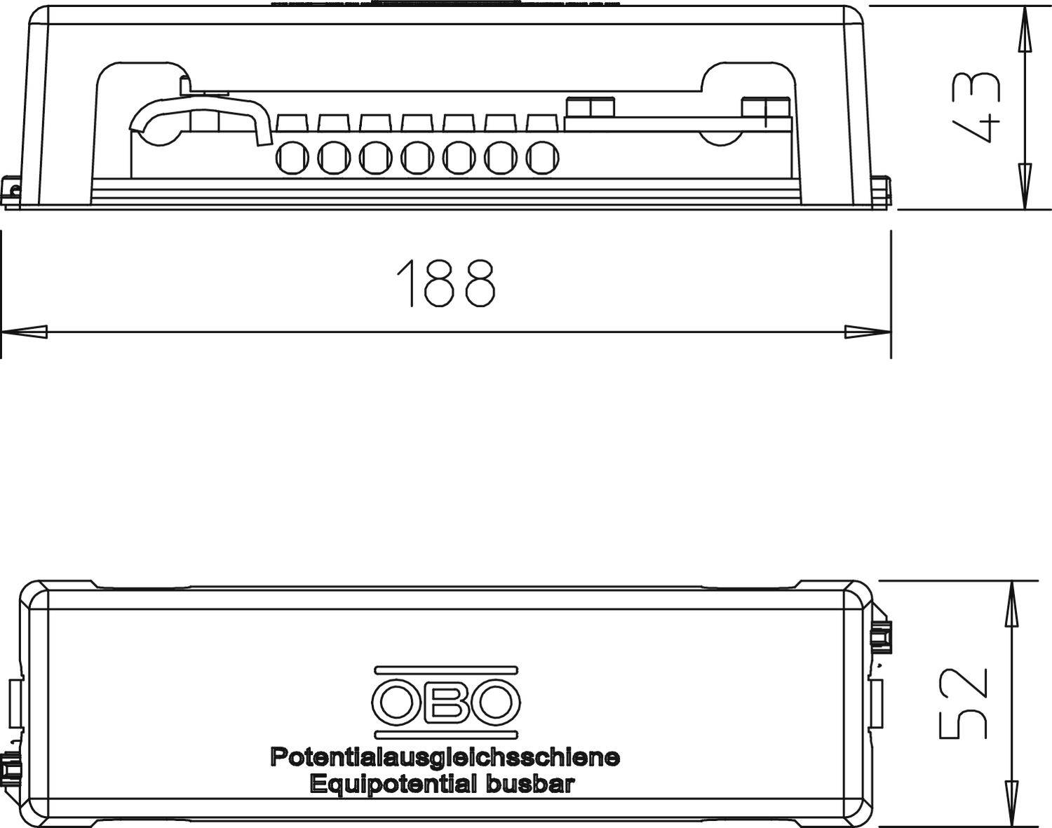 Disegno di un modello di barra di compensazione potenziale con dimensioni di 188 mm di lunghezza, 43 mm di altezza e 52 mm di profondità. Rappresentazione della barra equipotenziale OBO.