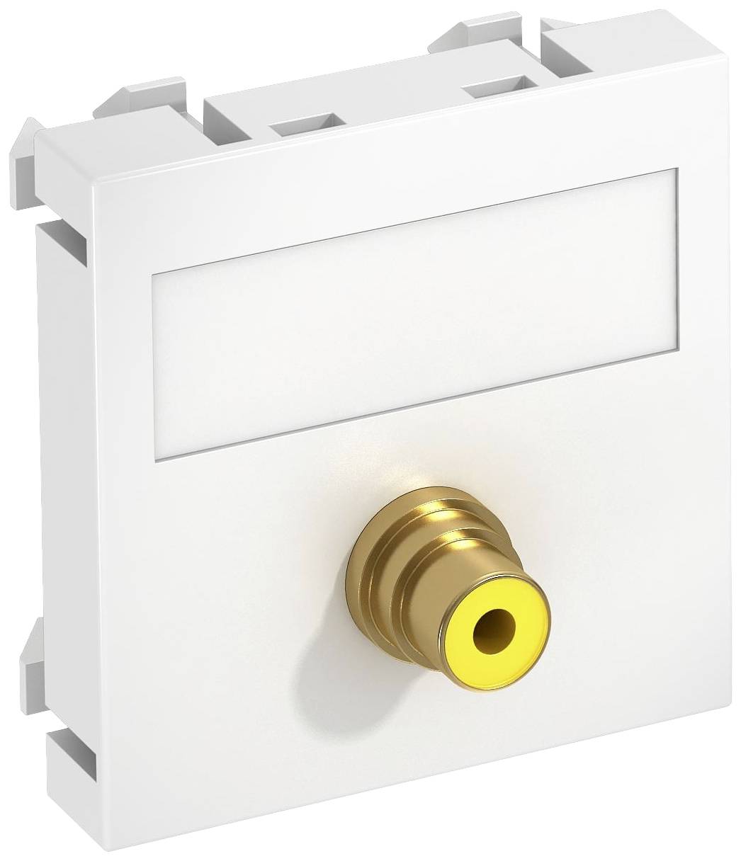 Un modulo da parete bianco con un jack RCA giallo, utilizzabile per connessioni di cavi audio o video.