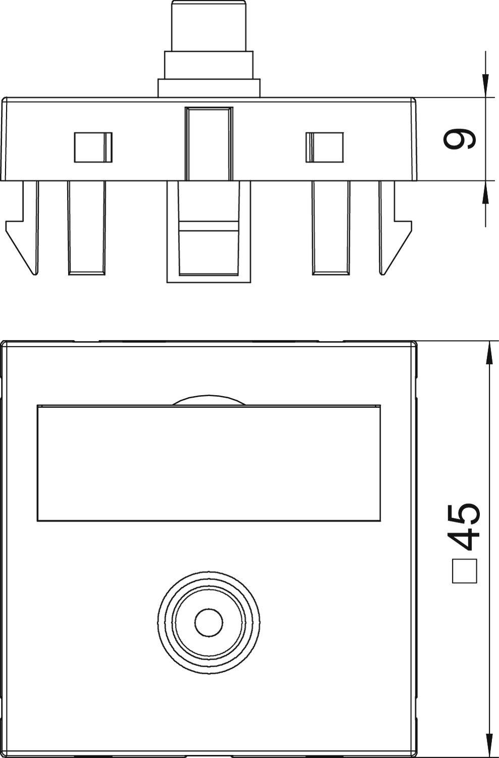Lo schema mostra la vista frontale e laterale di un interruttore, con dimensioni di 45 mm x 9 mm. Le caratteristiche principali sono chiaramente delineate.
