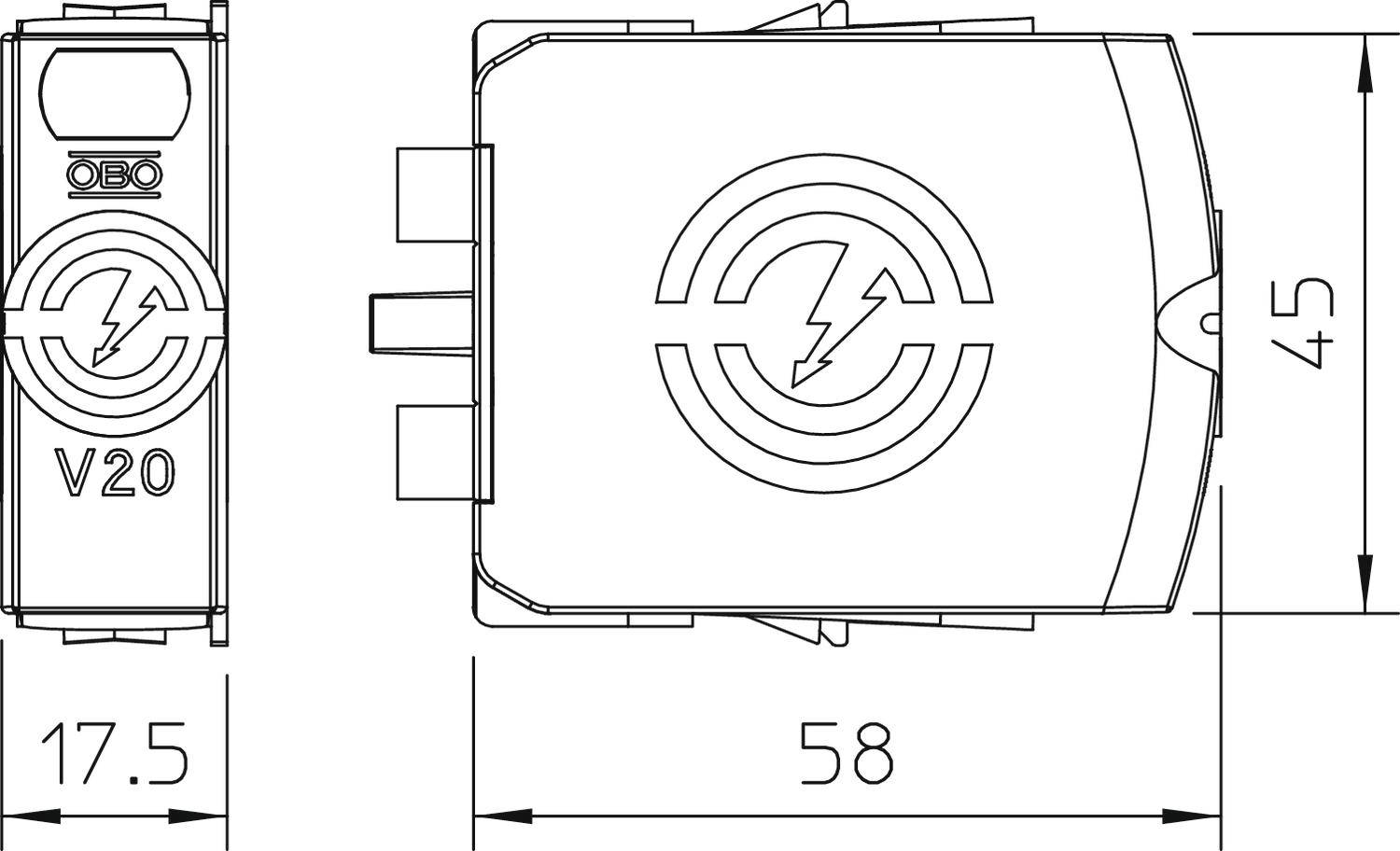 Disegno tecnico di un componente elettronico rettangolare con etichetta 'V20' e dimensioni: 17,5 mm x 45 mm x 58 mm.