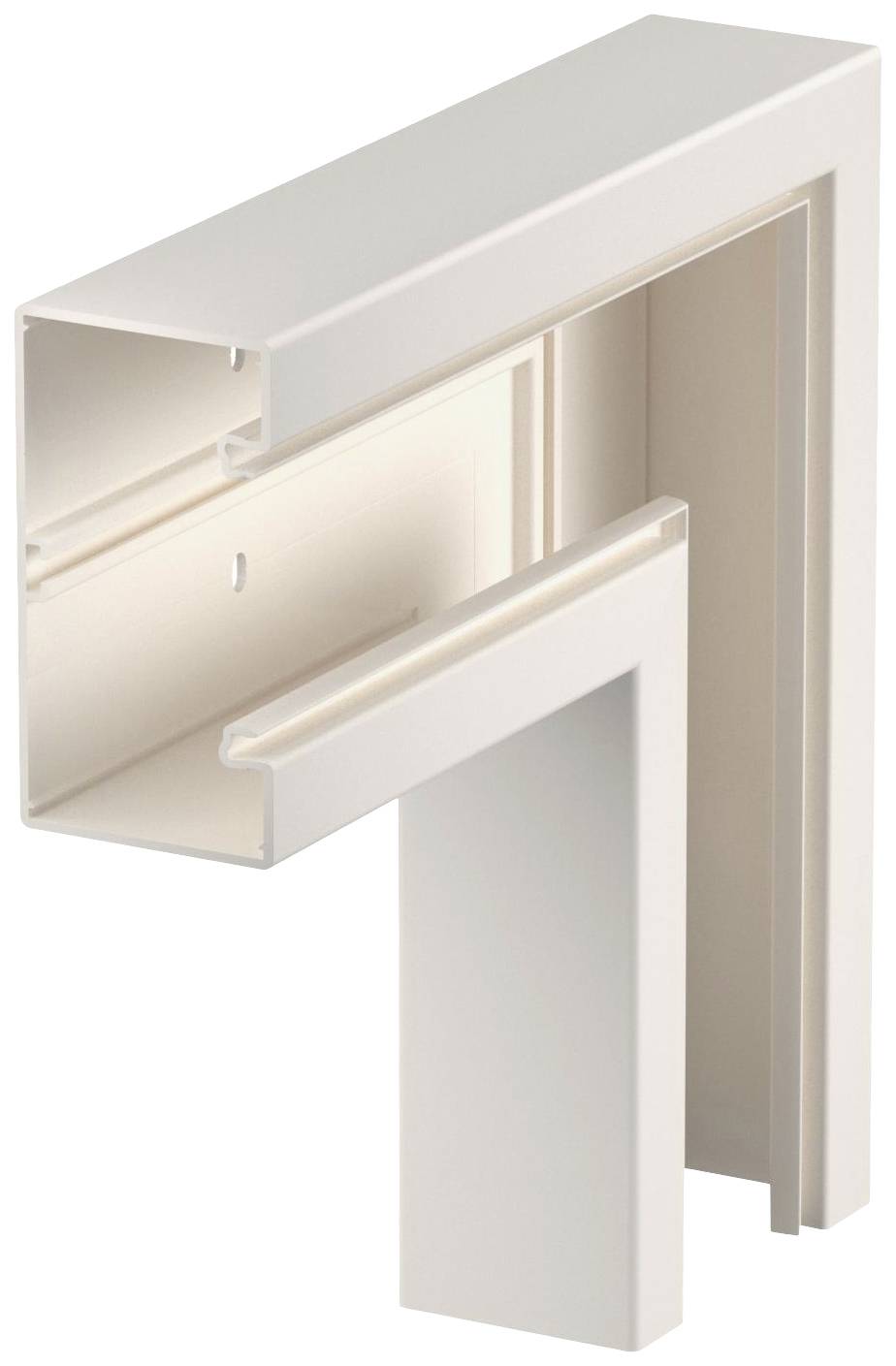 Un profilo angolare bianco in plastica, probabilmente parte di un sistema per cornici di finestre o porte.