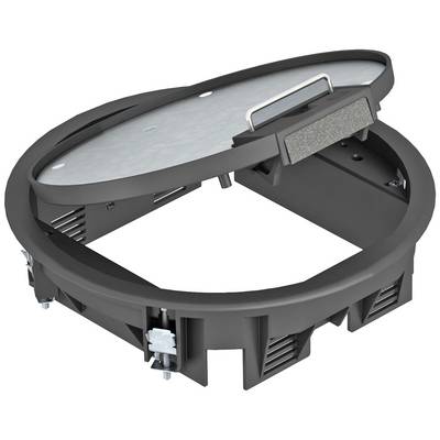 Un telaio nero ovale in plastica con un inserto trapezoidale all'interno, parzialmente aperto, mostra i dettagli di un meccanismo.