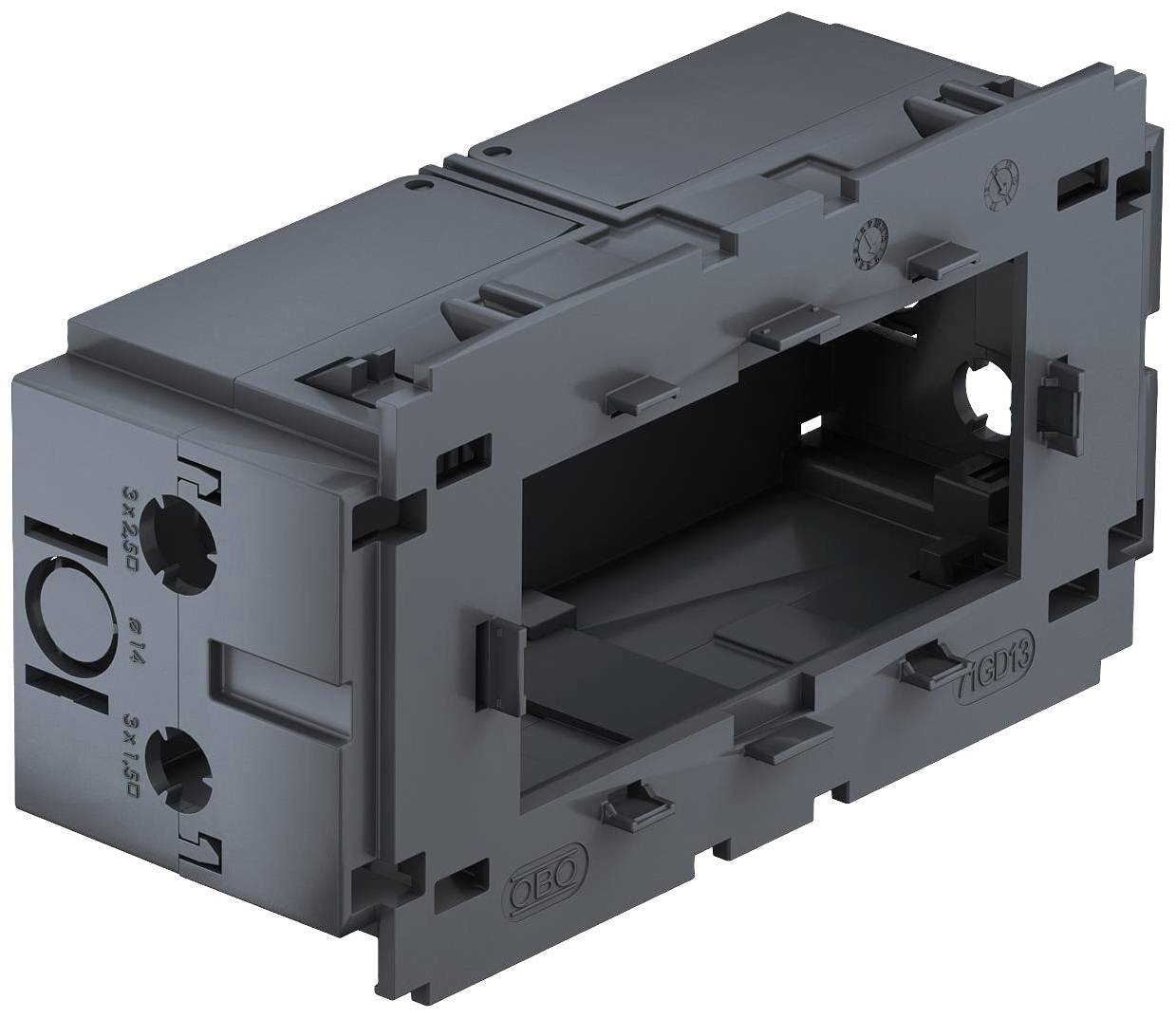 Custodia in plastica nera rettangolare con aperture sul lato anteriore e posteriore, idonea per l'alloggiamento di componenti elettrici.