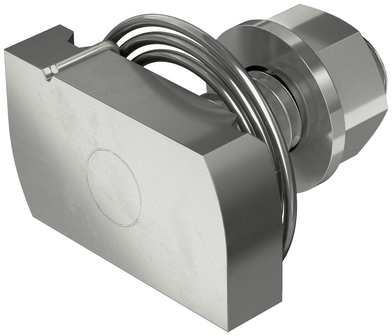 Componente metallico con filettatura e struttura a molla; probabilmente parte di un dispositivo meccanico.