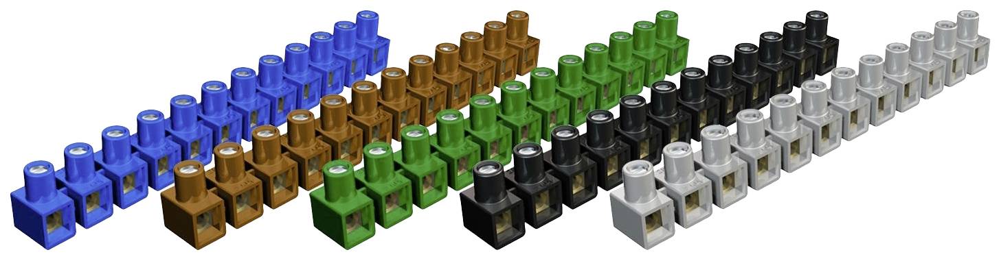 Diverse file di connettori di plastica a forma di L colorati, affiancati nei colori blu, marrone, verde, nero, argento e bianco.